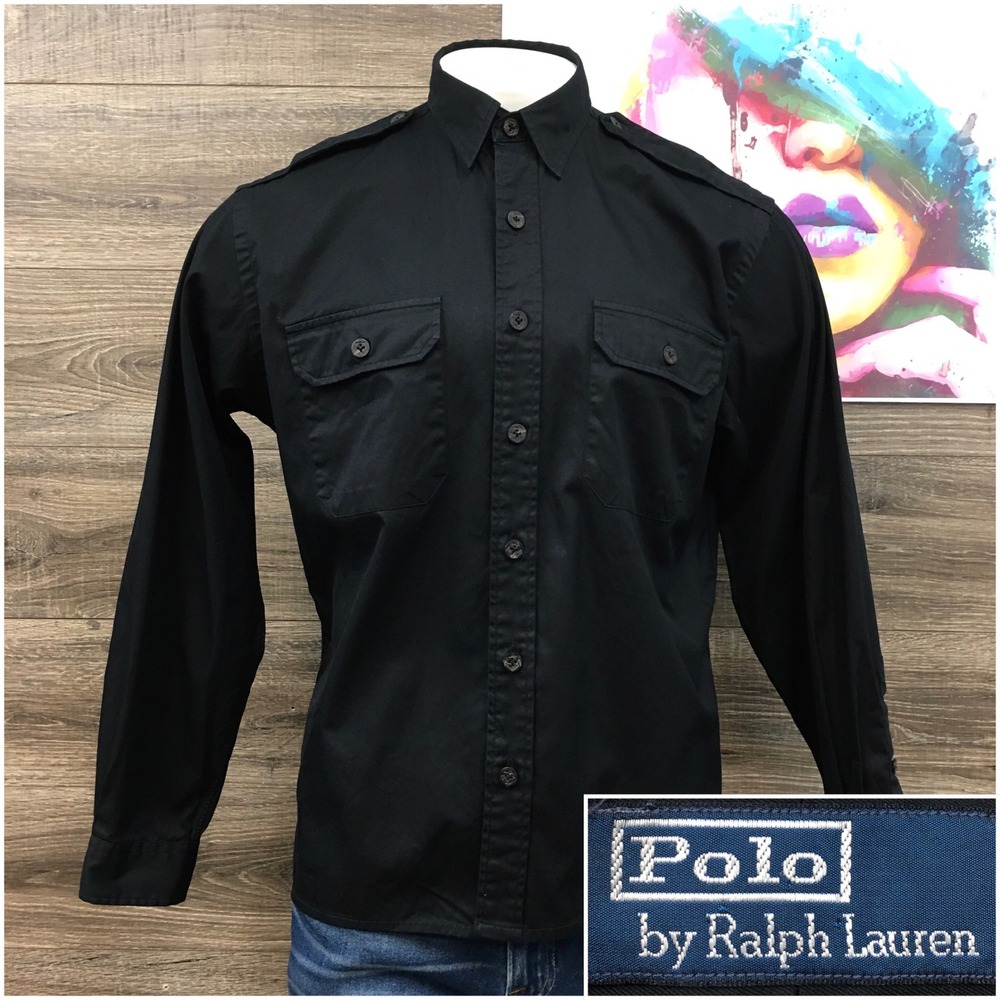 Polo Ralph Lauren Mens Military Utility Shirt Black Epaulettes Long Sleeve L